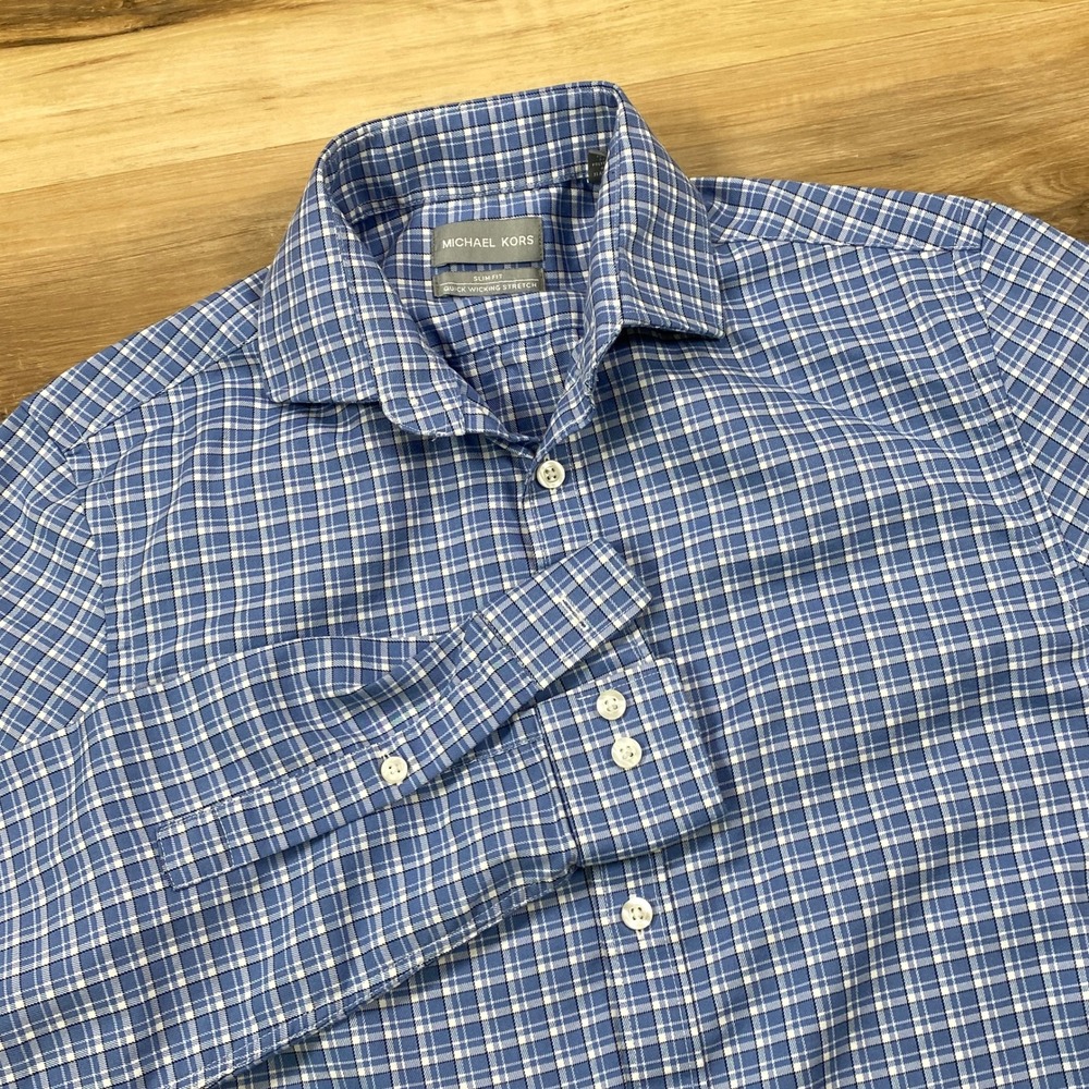 Michael Kors Dress Shirt Mens S 14.5 Slim Fit Cotton Stretch Plaid Blue Classic